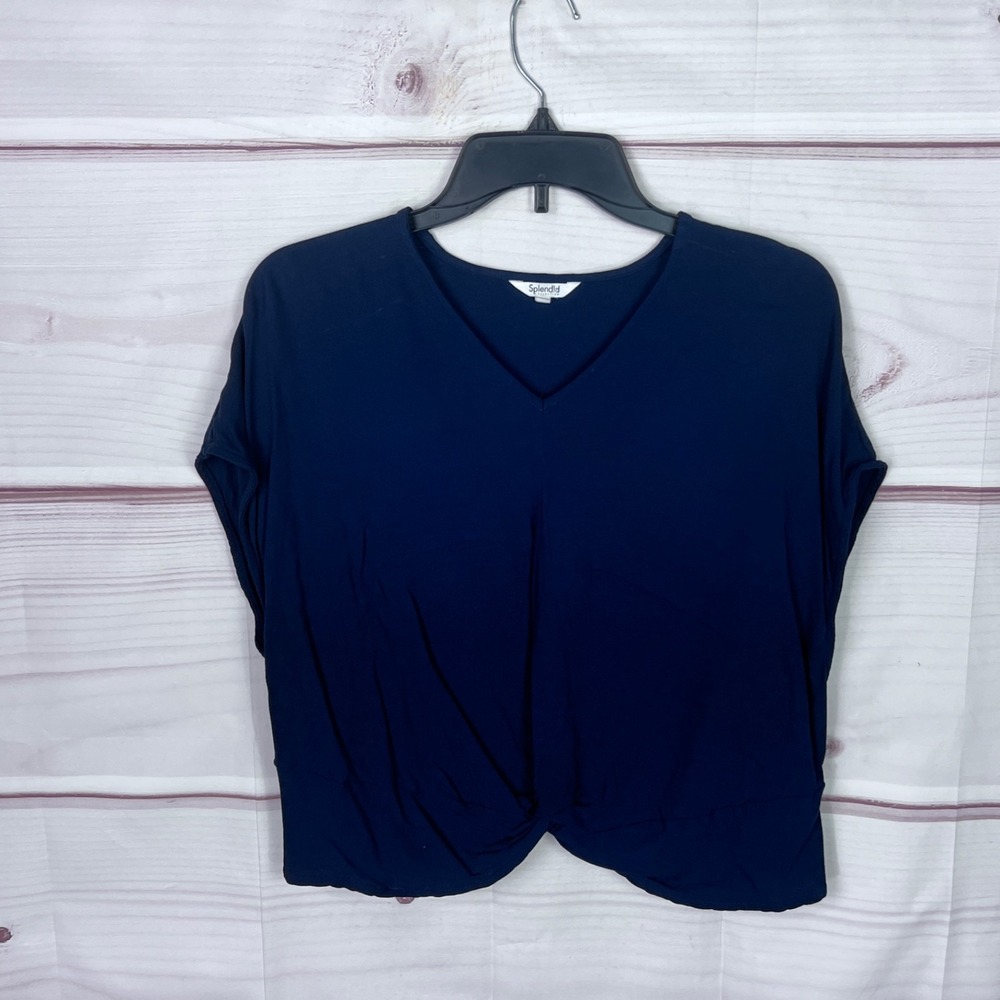 Splendid Top Womens S Blue V-Neck Blouse Cropped Twist Front Dolman Sleeve Woven